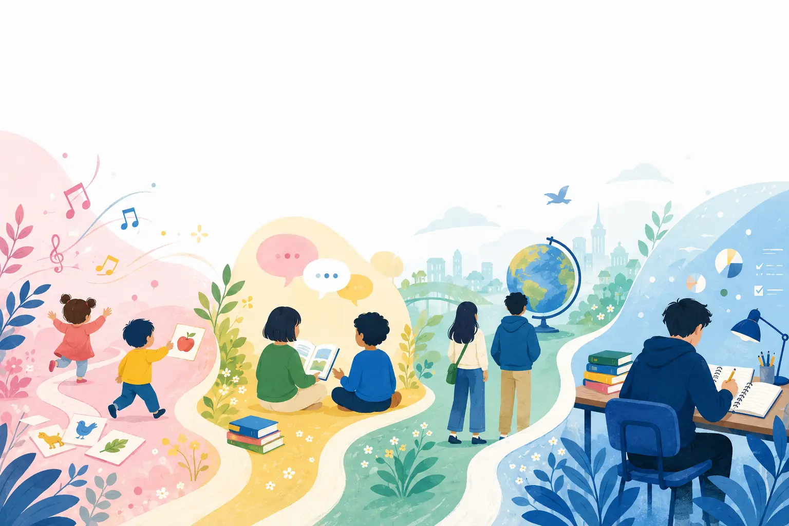 幼児期の音楽とカードから、読書、世界を学ぶ活動、試験学習へ続く英語学習のイメージ